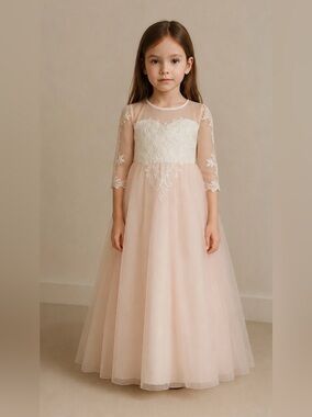 Flower Girl -Communion -Wedding Dress Little Girls Size 6/7 White Peach Pink